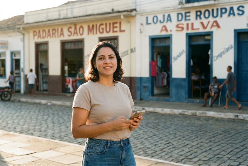 Mulher de pé na calçada de uma rua de comércio, com o celular na mão.